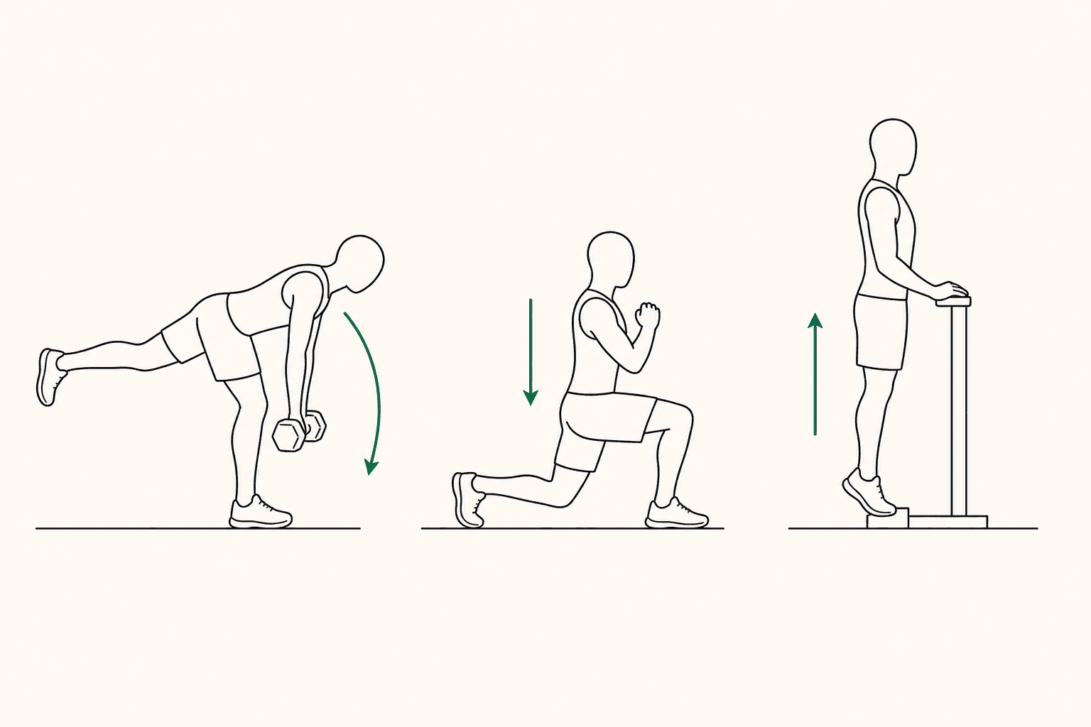 Three flat two-colour drawings of runner strength exercises: single-leg deadlift, split squat and calf raise.